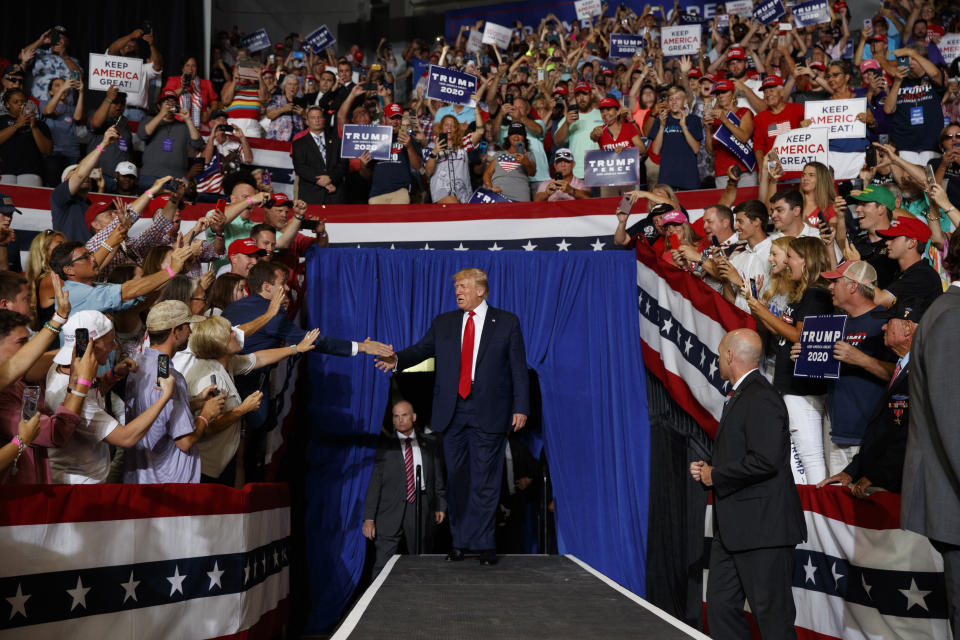 President Donald Trump arrives to speak at a campaign rally at Williams Arena in Greenville, N.C., Wednesday, July 17, 2019. (AP Photo/Carolyn Kaster)