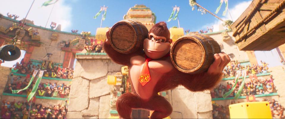 Donkey Kong (voiced by Seth Rogen) is a barrel-throwing alpha male in "The Super Mario Bros. Movie."