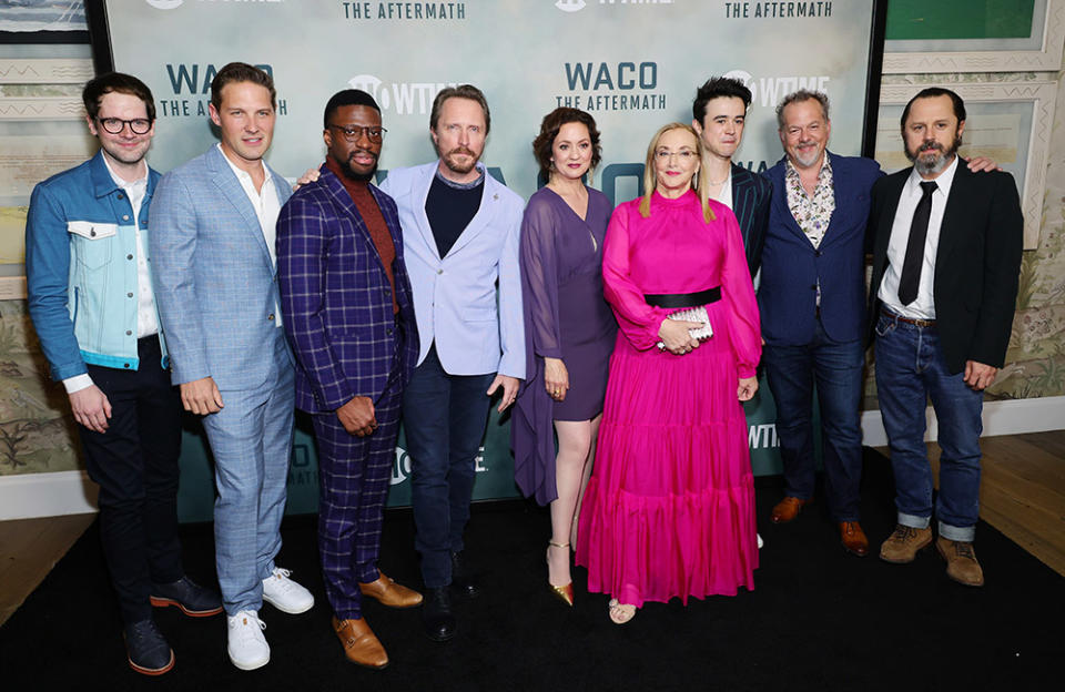 (L-R) Kieran Mulcare, Michael Cassidy, Michael Luwoye, John Hoogenakker, Kali Rocha, J. Smith-Cameron, Keean Johnson, David Costabile, and Giovanni Ribisi attend the premiere of Showtime's "Waco: The Aftermath" at Crosby Hotel on April 12, 2023 in New York City.