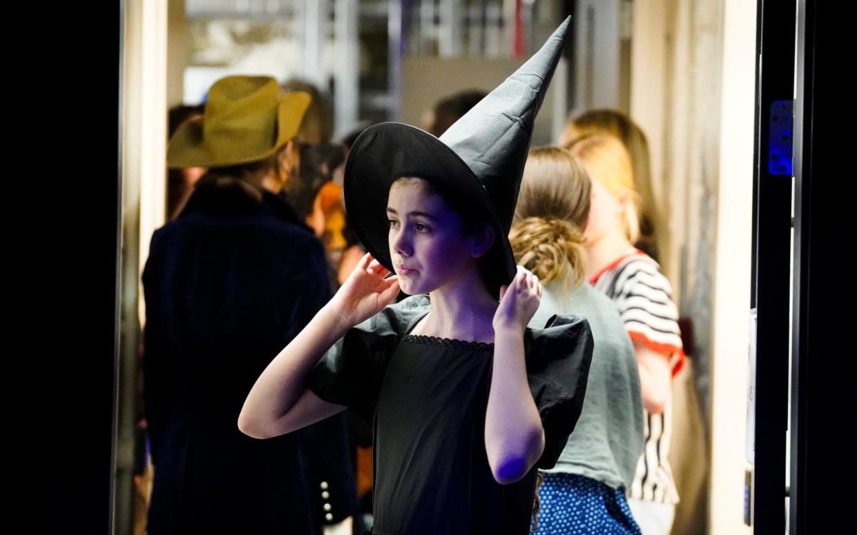 An actor prepares: a pupil at a drama outreach performance in Truro, Cornwall