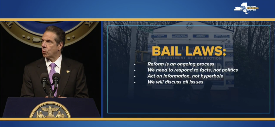 Gov. Andrew Cuomo said bail reforms will be part of the budget negotiations for the fiscal year that starts April 1, 2020.
