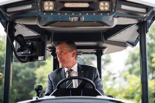 Sen. Martin Heinrich (D-NM) sits in a Monarch MK-V Electric Tractor during an event showcasing various electric trucks near Capitol Hill on June 7, 2023 in Washington, DC.