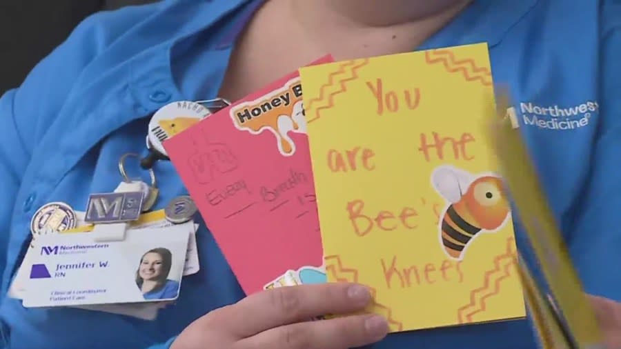 Examples of Penny Muszanowski’s ‘doodle bees’ she drew while at Northwestern Memorial.