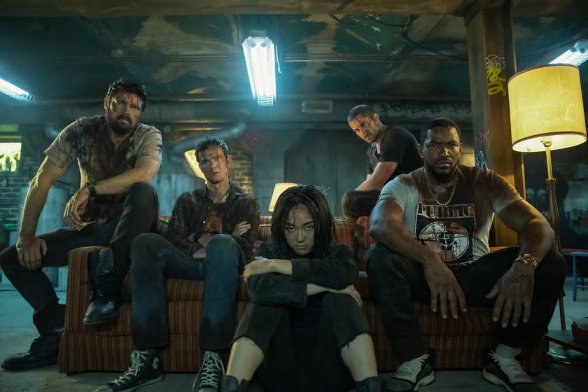 Karl Urban, Jack Quaid, Karen Fukuhara, Tomer Capon, and Laz Alonso in season 2 of "The Boys."