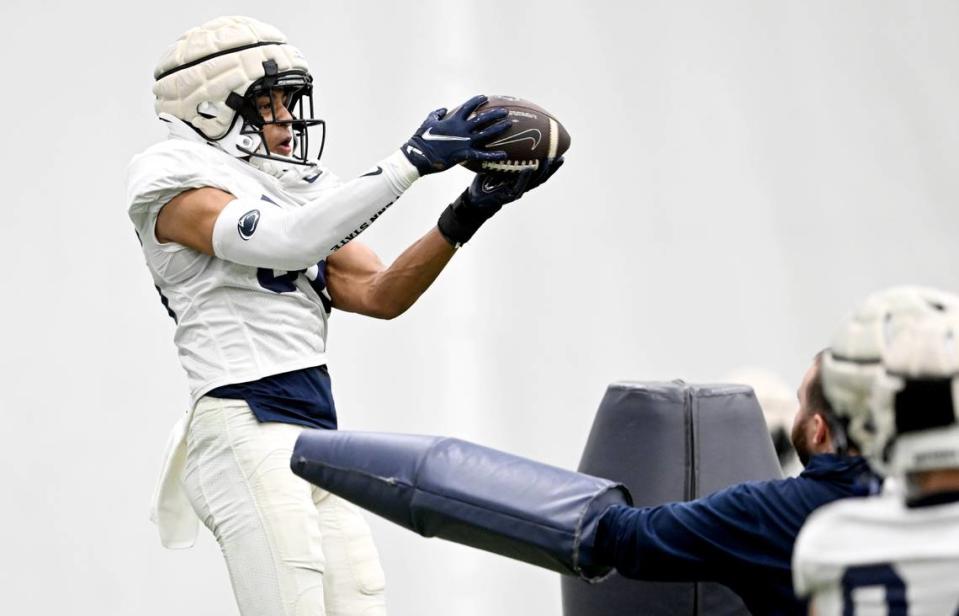 Penn State wide receiver Jason Estrella makes a catch during a spring practice on Tuesday, March 28, 2023.