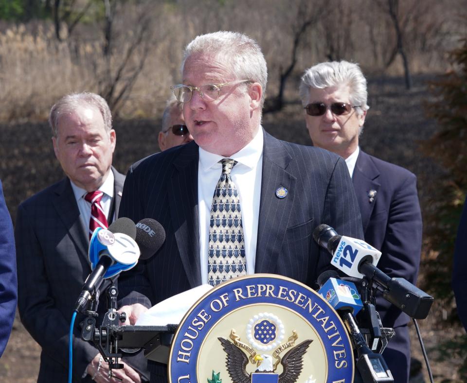 N.Y. State Senator Bill Weber offers comments during a press conference on Hazen Ln. in Congers addressing fires along the CSX tracks in Rockland County.  Friday, April 21, 2023. 