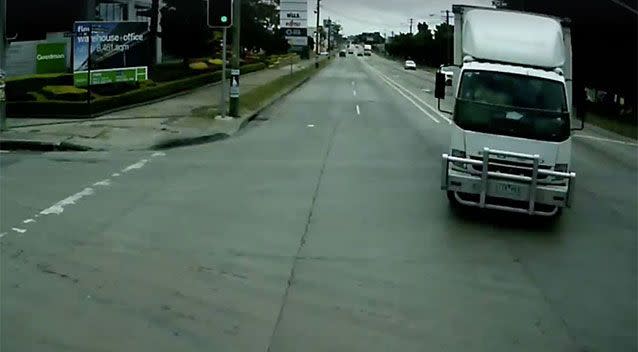 The truck turns across an intersection on Parramatta Road in Sydney. Source: Facebook/ Dash Cam Owners Australia