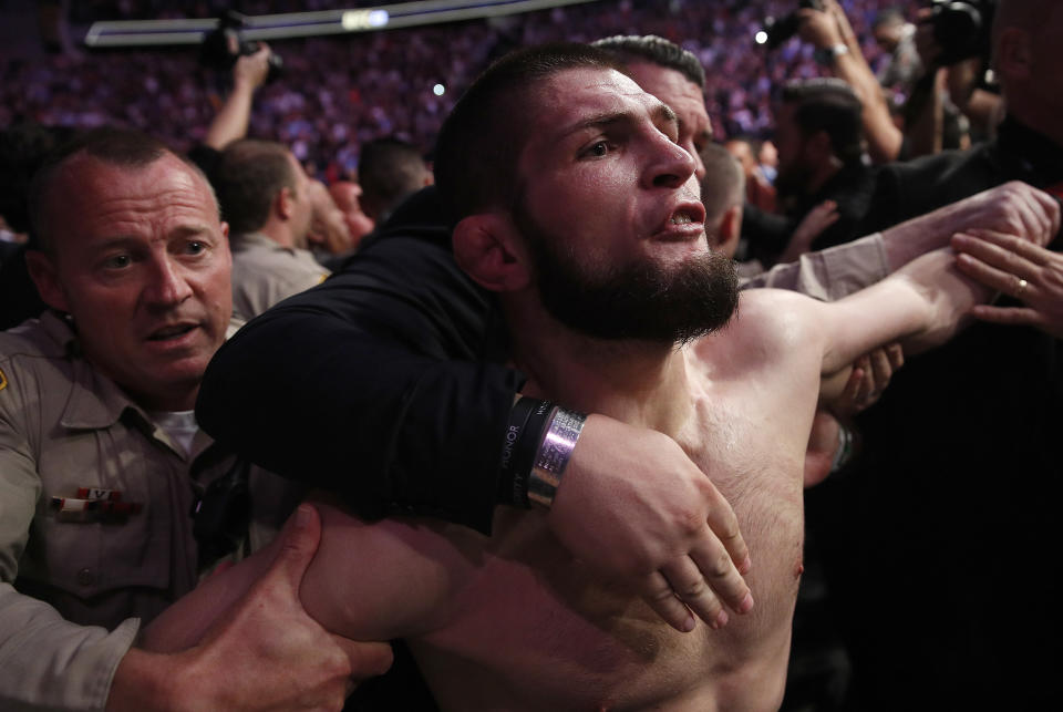 Khabib Nurmagomedov beat Conor McGregor at UFC 229, but what happened after the fight is what people are going to be talking about for a long, long time. (AP Photo)