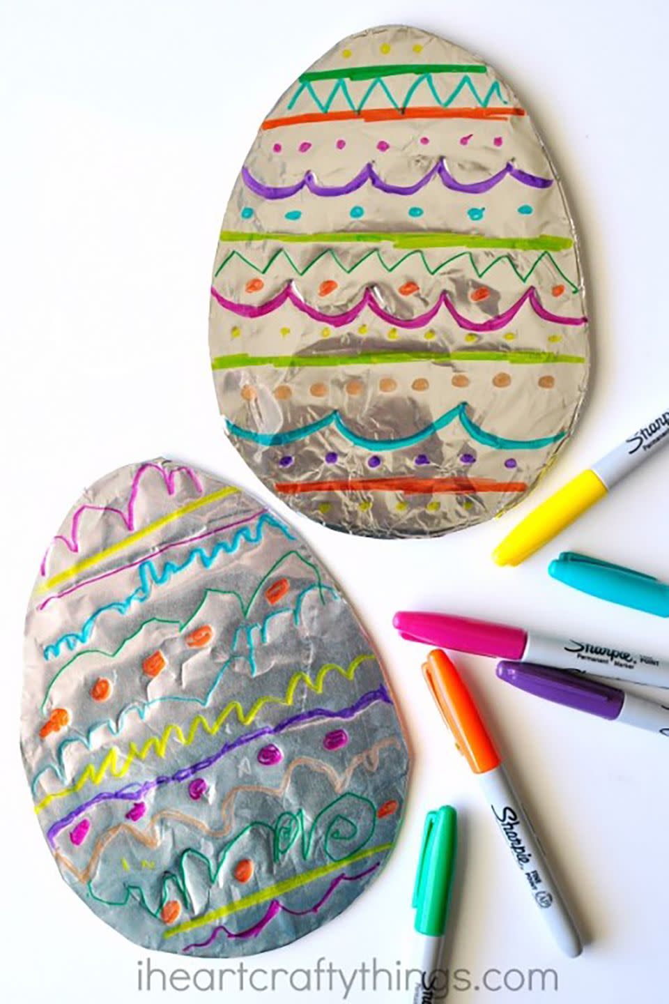 <p>With cardboard, foil, and different colored Sharpies, your kids can let their creativity shine by decorating their own Easter eggs.</p><p><strong>Get the tutorial at <a href="http://iheartcraftythings.com/tin-foil-easter-egg-art.html" rel="nofollow noopener" target="_blank" data-ylk="slk:I Heart Crafty Things;elm:context_link;itc:0" class="link ">I Heart Crafty Things</a>. </strong></p>
