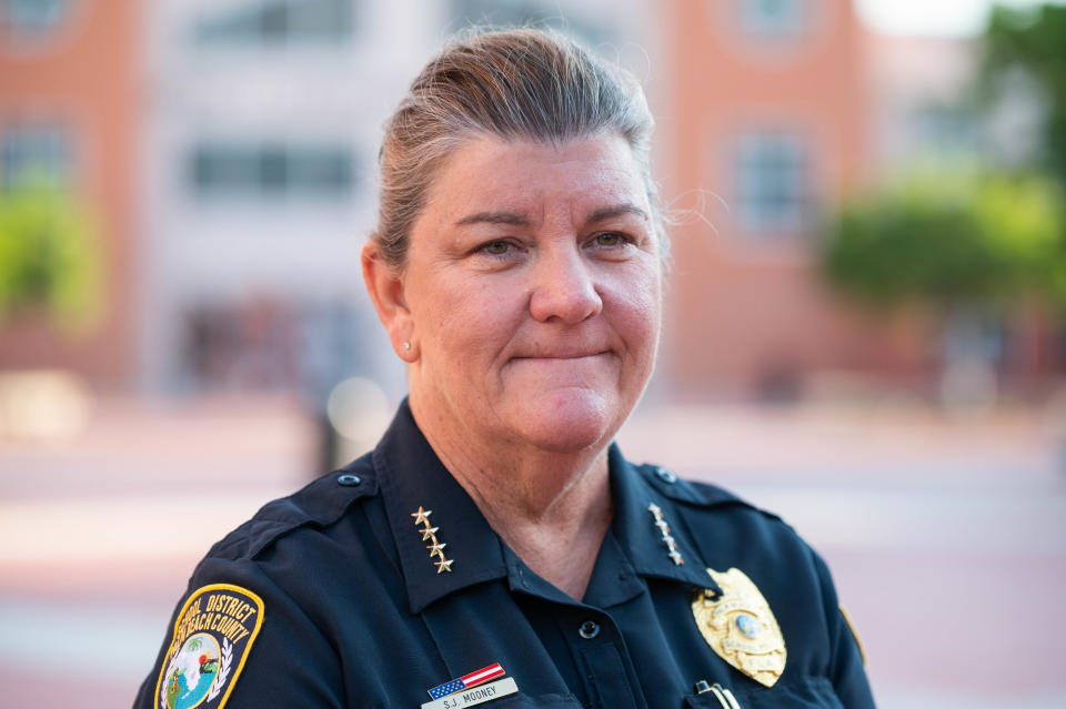 School Police Chief Sarah Mooney poses for a portrait at John I. Leonard High School on Thursday, June 29, 2023, in Greenacres, Fla. Starting this summer, the Palm Beach County School District is debuting metal detectors at John I. Leonard High School as part of a pilot program that will install metal detectors at a total of four Palm Beach County high schools.