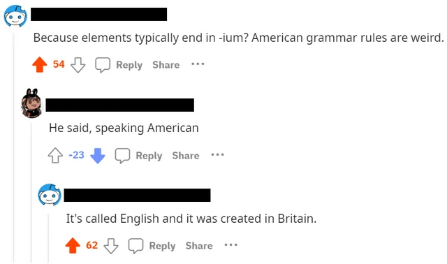 Person 1, "American grammar rules are weird" Person 2, "He said, speaking American"