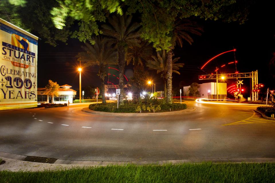 Confusion Corner is photographed at night in downtown Stuart on Sept. 3, 2014. (XAVIER MASCARE-AS/TREASURE COAST NEWSPAPERS)CQ:DATE TAKEN:9/3/14