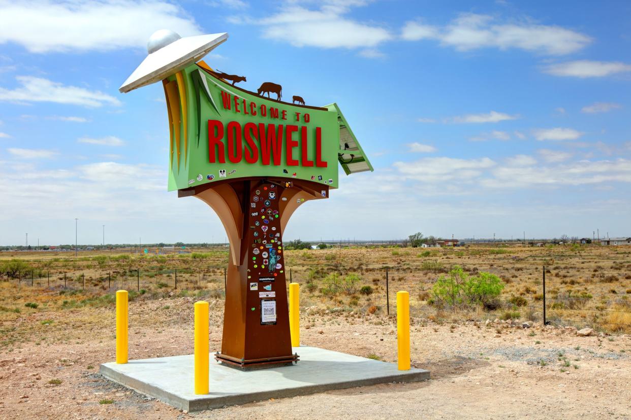Roswell, New Mexico, USA - April 19, 2018: Daytime view of the Roswell Welcome Sign erected by fabricator Damon Chefchis marking the start of the otherworldly city
