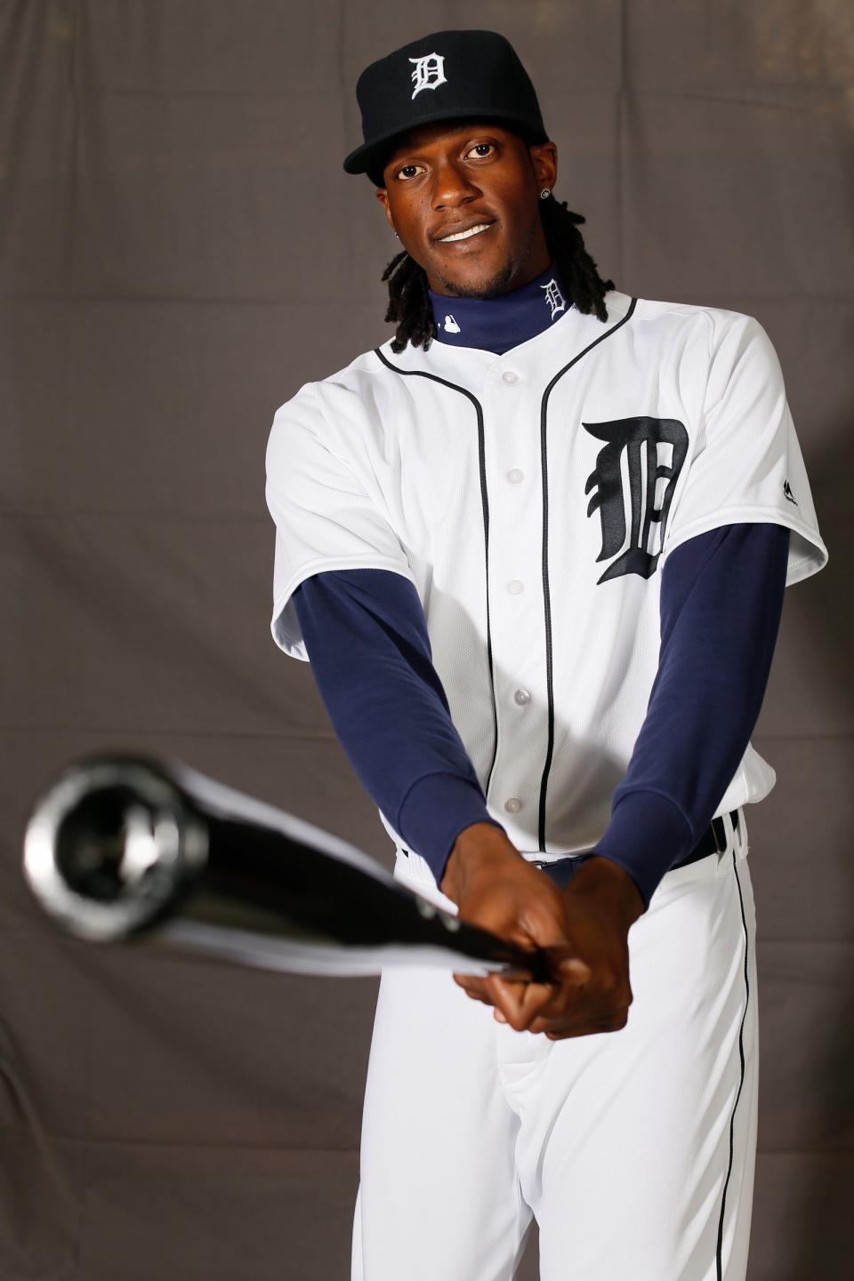 Tigers outfielder Cameron Maybin gets his picture taken on "Photo Day" during the Tigers spring training at Joker Marchant Stadium in Lakeland, Fla. on Saturday, Feb. 27, 2016.