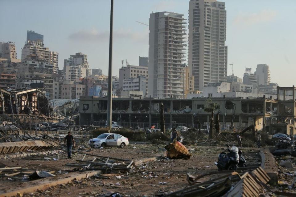 A picture shows the scene of an explosion at the port in the Lebanese capital Beirut on August 4, 2020