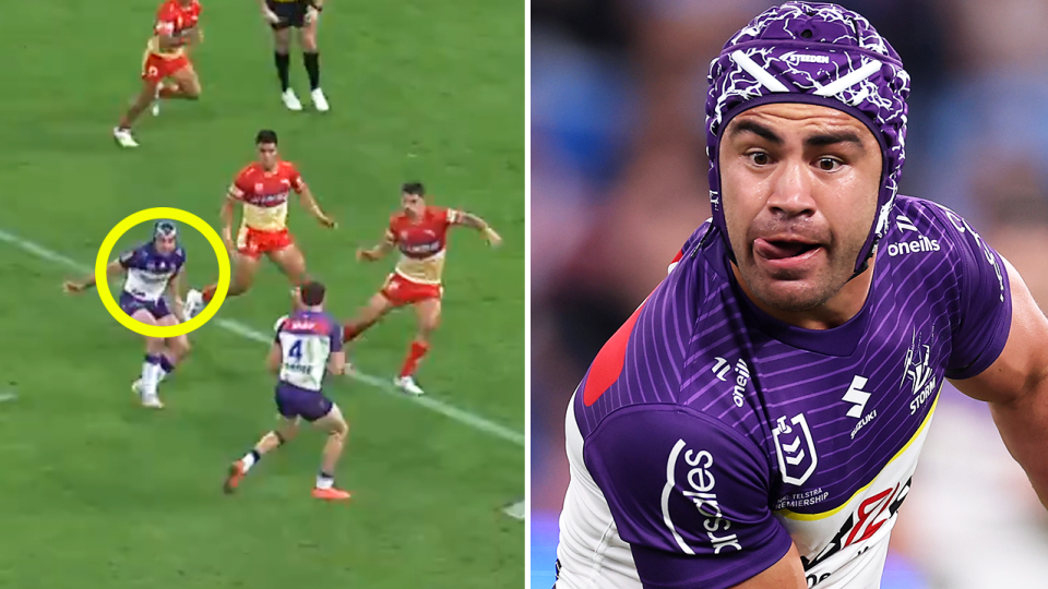 Melbourne halfback Jahrome Hughes (pictured) once again put in a player-of-the-match performance for the Storm. (Images: Channel Nine/Getty Images)