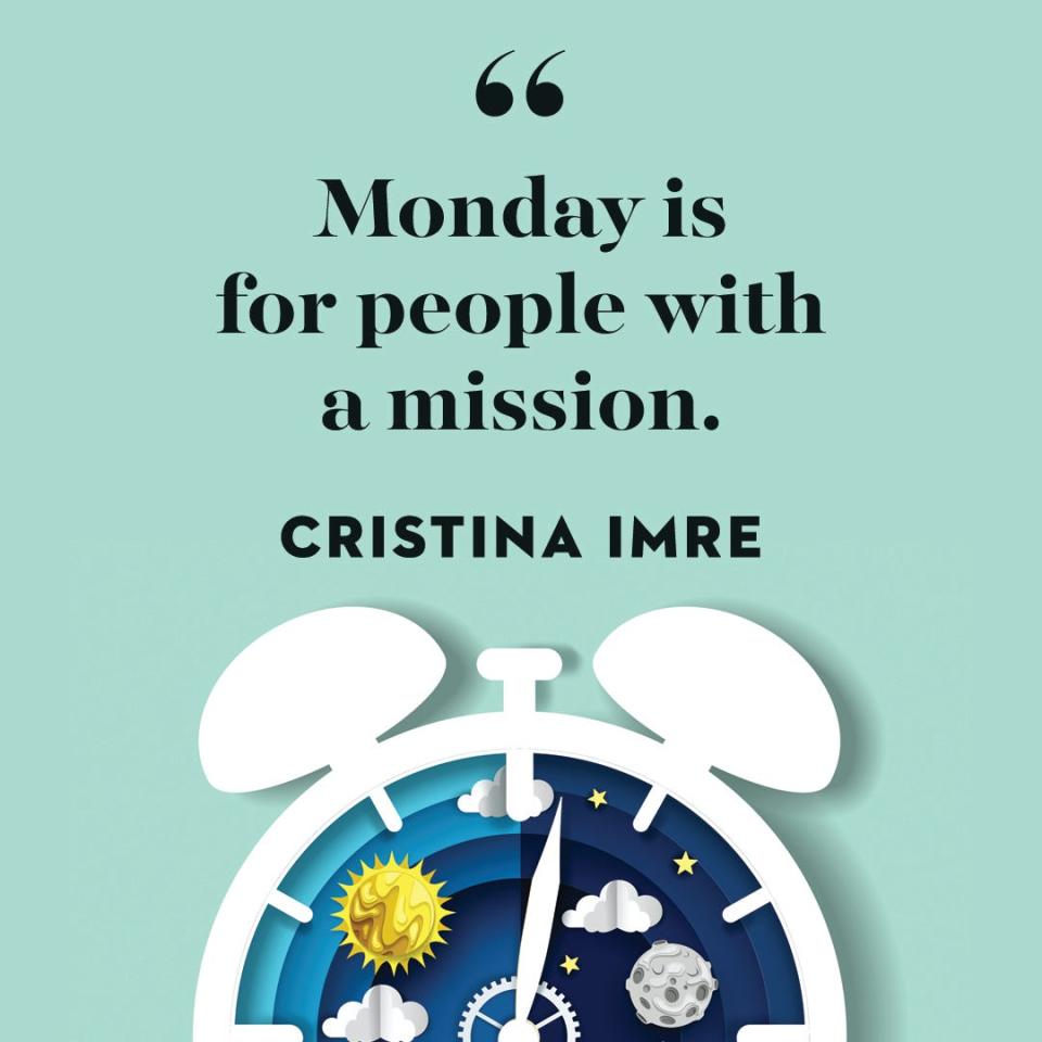 quote about monday by cristina imre on a blue background with an alarm clock