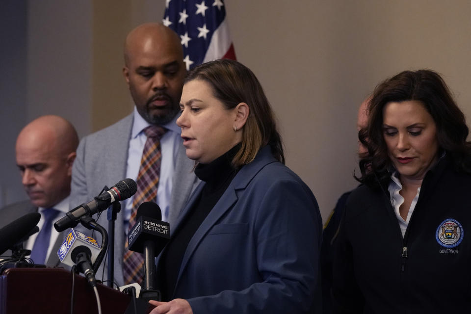 FILE - U.S. Rep. Elissa Slotkin, D-Mich., addresses the media, Feb. 14, 2023, in East Lansing, Mich. Michigan Democrats are poised to bring an 11-bill package to the Legislature next week that would implement safe storage laws, universal background checks and extreme risk protection orders, also known as red flag laws. A February mass shooting at MSU pushed Democrats to act fast on legislation they had already planned to prioritize. (AP Photo/Carlos Osorio, File)