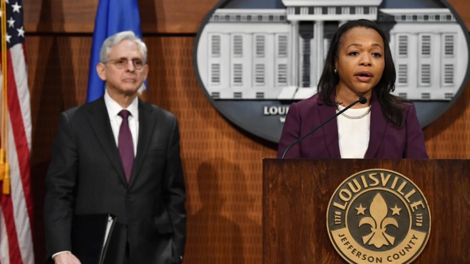 Assistant Attorney General Kristen Clarke (right) speaks during a press conference at Louisville Metro Hall in Kentucky, on Wednesday as Attorney General Merrick Garland looks on. The U.S. Justice Department found that Louisville police have engaged in a pattern of practices that violate constitutional rights following an investigation prompted by the 2020 fatal police shooting of Breonna Taylor. (Photo: Timothy D. Easley/AP)