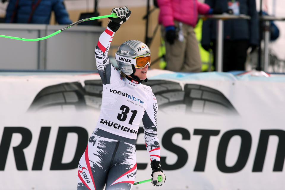 Austria's Nicole Hosp reacts after completing an alpine ski World Cup women's downhill, in Altenmarkt Zauchensee, Austria, Saturday, Jan. 11 , 2013. (AP Photo/Enrico Schiavi)