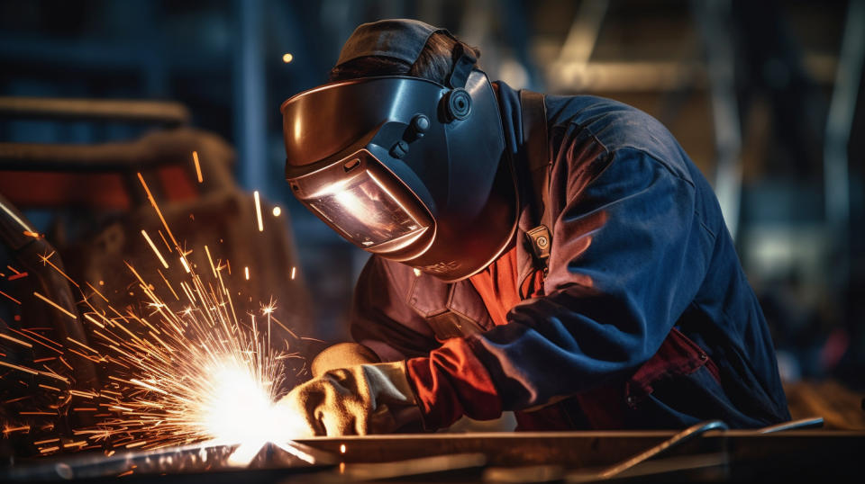 A worker in safety gear welding a complex titanium component in a factory setting.