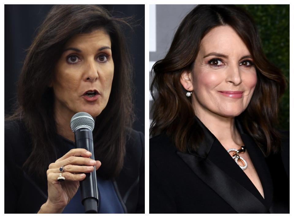 Donald Trump's ex-U.N. ambassador Nikki Haley, left, and nine-time Emmy winner Tina Fey.