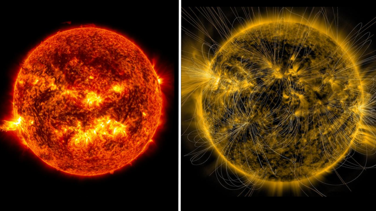  (Left) An image of the sun emitting a bright solar flare (right) the sun's magnetic fields over an image of our star captured by NASA’s Solar Dynamics Observatory. 