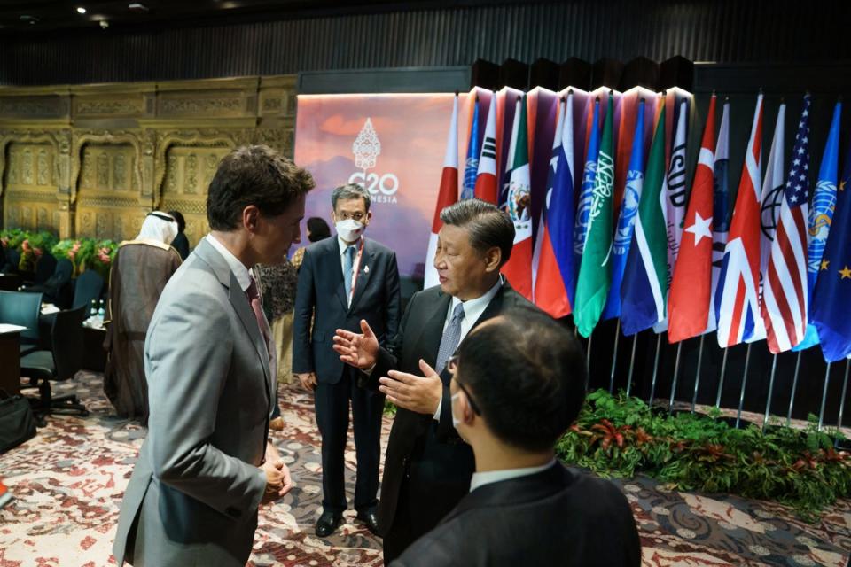 The leaders can be seen standing close to each other and conversing via a translator (via REUTERS)