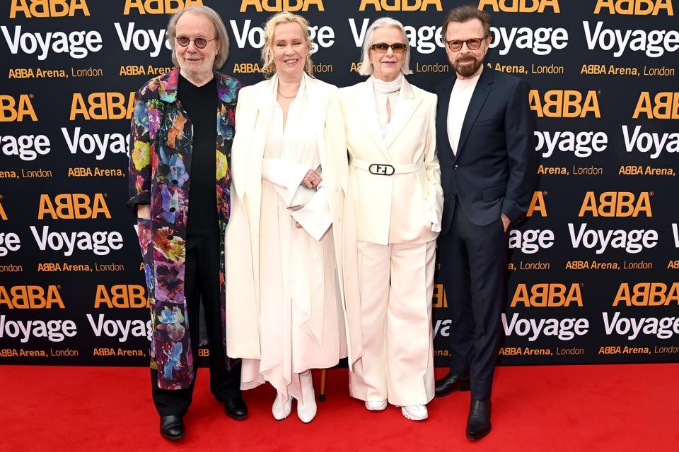 Benny Andersson, Agnetha Fältskog, Anni-Frid Lyngstad and Bjorn Ulvaeus of ABBA attend the first performance of ABBA "Voyage" at ABBA Arena on May 26, 2022 in London, England.