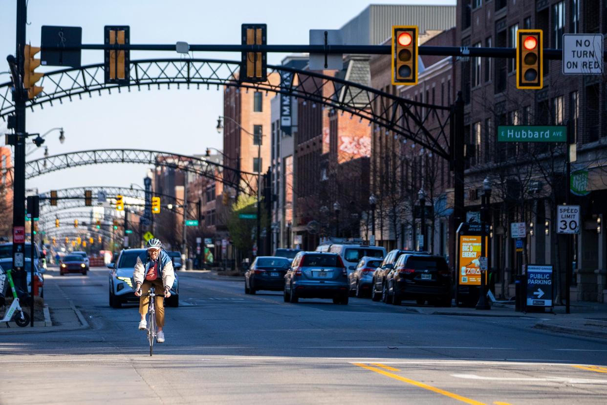 Mar 12, 2024; Columbus, OH, United States; A cyclist travels south on High Street in the Short North area.