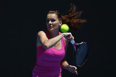 Poland's Agnieszka Radwanska hits a shot during a training session ahead of the Australian Open tennis tournament in Melbourne, Australia, January 15, 2017. REUTERS/Edgar Su