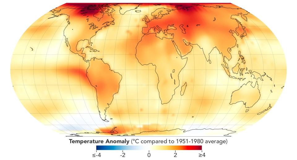 Scientists say 2023 was the hottest year on record, dating back to 1880, with temperatures across most of the Earth hotter than long term averages. This map shows the degree to which temperatures were warmer than the 1951-1980 average.