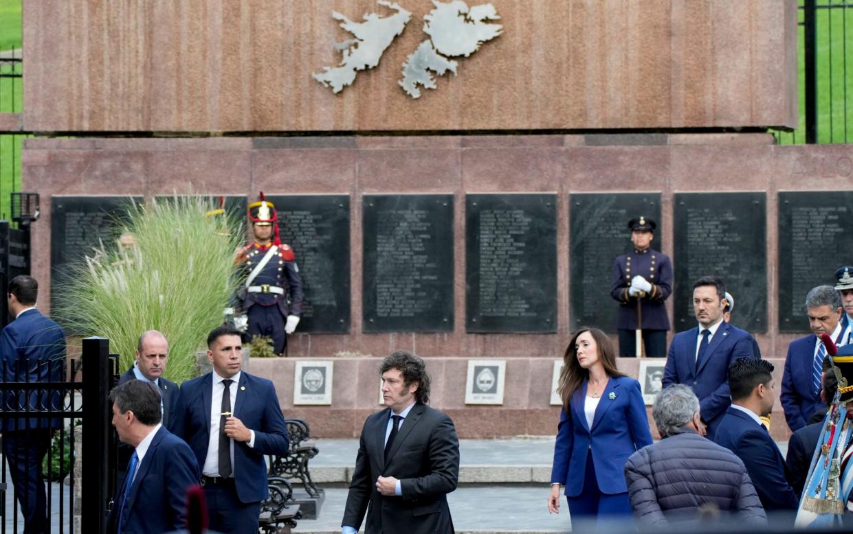 Mr Milei visiting a Falklands War memorial