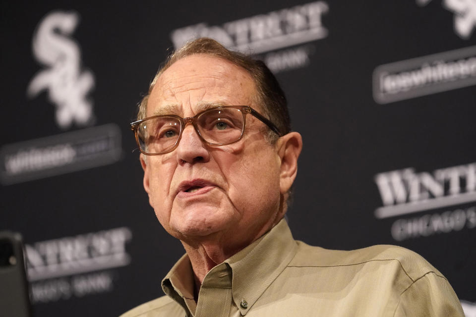 Chicago White Sox chairman Jerry Reinsdorf talks to reporters briefly about a shooting incident inside Guaranteed Rate Field last Friday evening, during a baseball game against the Oakland Athletics during a news conference naming Chris Getz the new senior vice president/general manager Thursday, Aug. 31, 2023, in Chicago. (AP Photo/Charles Rex Arbogast)