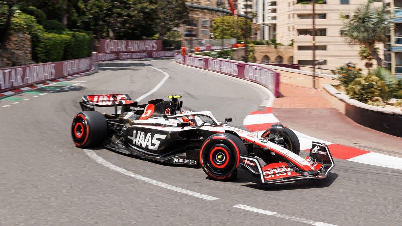 A photo of Nico Hulkenberg racing his Haas F1 car in Monaco. 