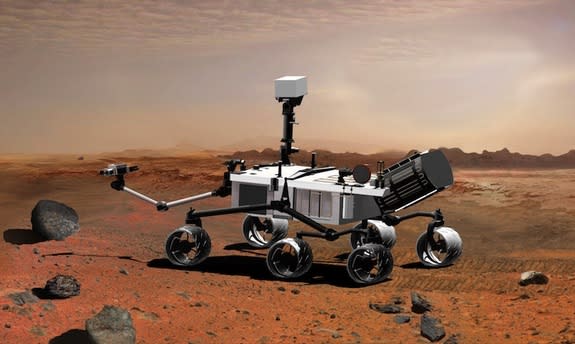 An artist's concept illustrates what the Mars rover Curiosity will look like on the Red Planet.