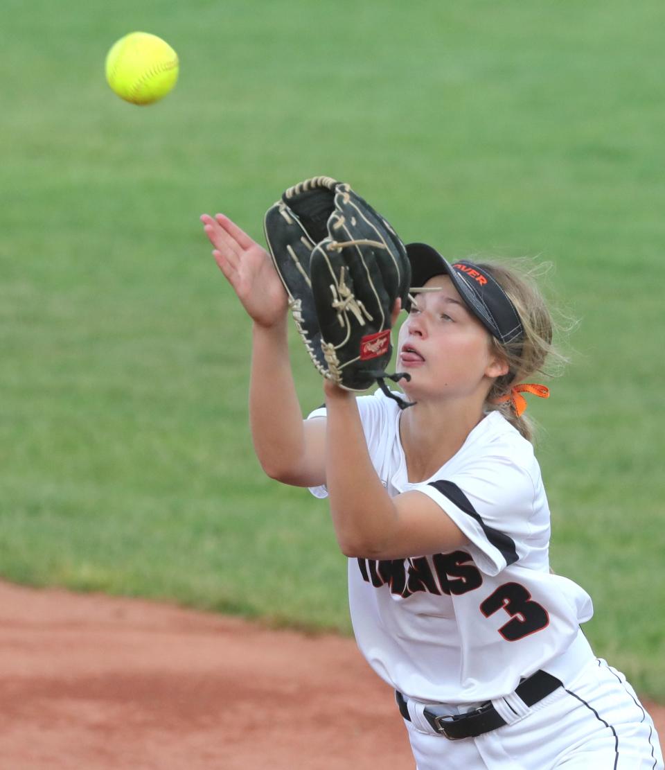 Hoover second baseman Delaney Shannon catches a fly ball in a Division I state semifinal, June 2, 2022.