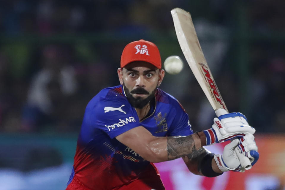 Royal Challengers Bengaluru's Virat Kohli plays a shot during the Indian Premier League cricket match between Rajasthan Royals and Royal Challengers Bangaluru in Jaipur, India, Saturday, April 6, 2024. (AP Photo/Pankaj Nangia)