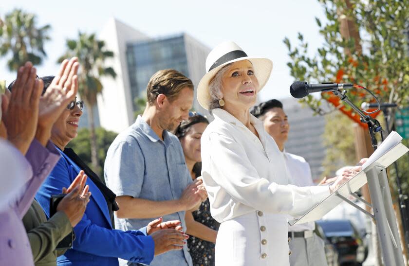 LOS ANGELES, CA - SEPTEMBER 1, 2022: Jane Fonda holds a press conference to announce the Jane Fonda Climate PAC's endorsement of a slate of Los Angeles area candidates at Grand Park in downtown Los Angeles on Thursday, September 1, 2022. (Christina House / Los Angeles Times)