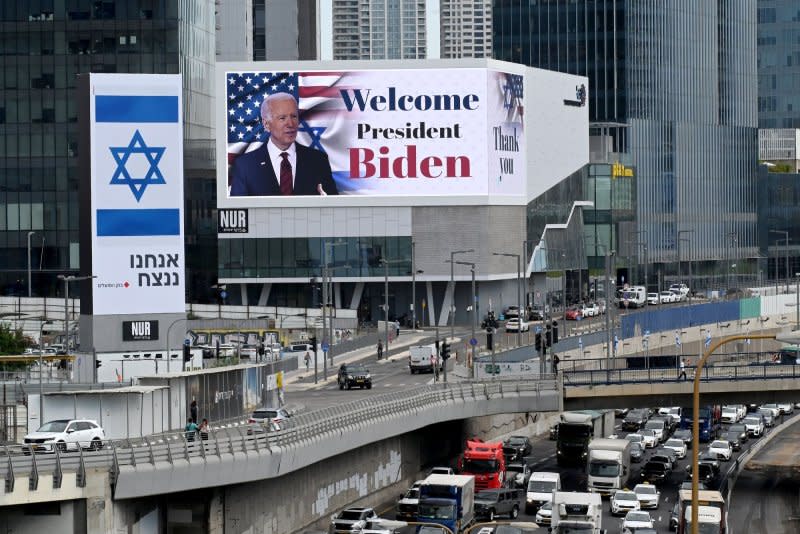 A billboard welcomes U.S. President Joe Biden to Tel Aviv, Israel, for meetings with Israeli Prime Minister Benjamin Netanyahu on Wednesday. Photo by Debbie Hill/UPI