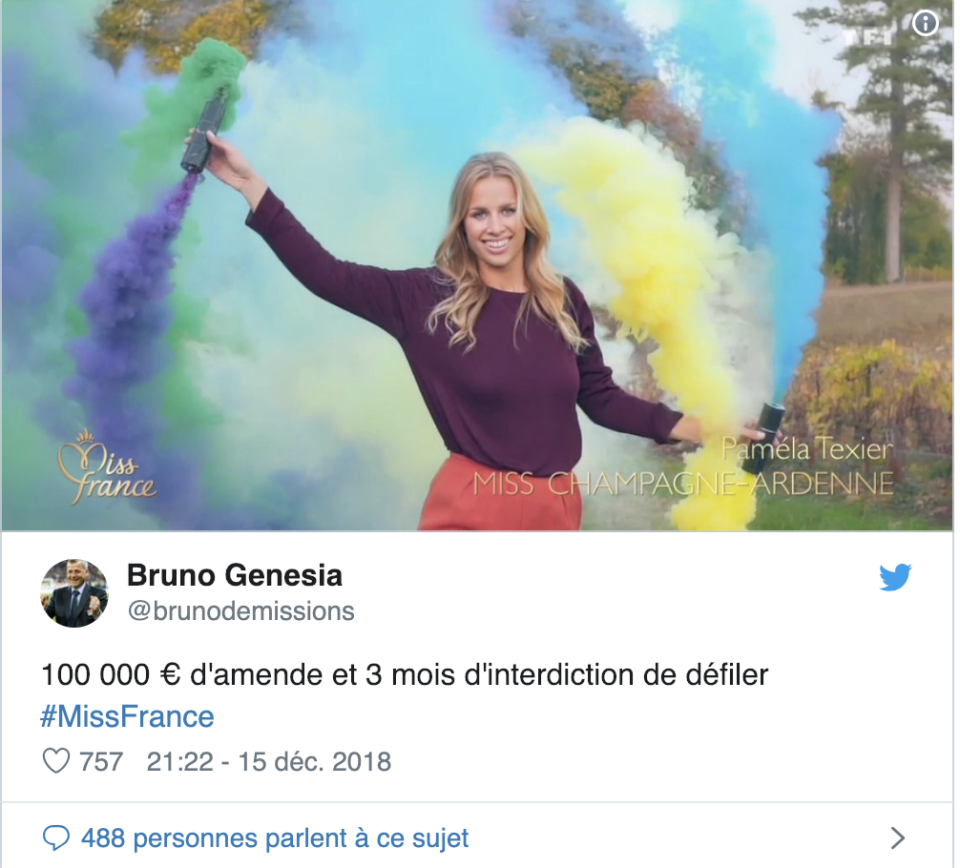 <p>Petite particularité cette année : sur leurs clips vidéo, les miss allument des fumigènes colorés. Un détail qui n’a pas échappé aux internautes qui n’hésitent pas, sur les réseaux sociaux, à les comparer à des “Gilets jaunes”. </p>