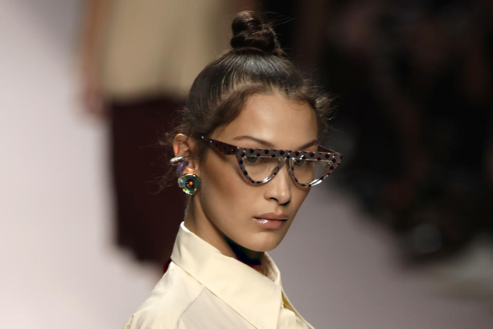 Model Bella Hadid wears a creation as part of the Fendi women's 2019 Spring-Summer collection, unveiled during the Fashion Week in Milan, Italy, Thursday, Sept. 20, 2018. (AP Photo/Luca Bruno)
