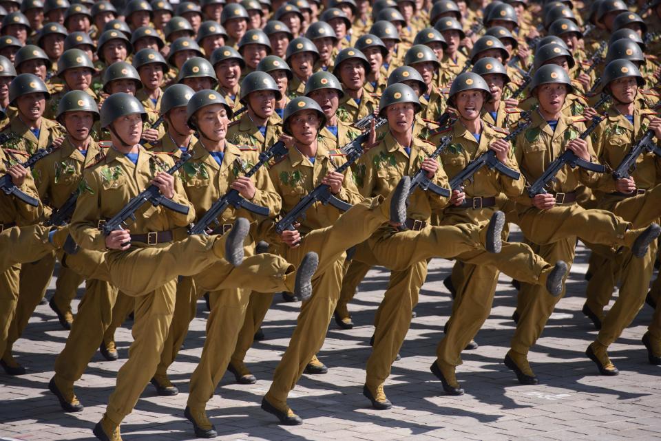 Korean People's Army soldiers goose step during a mass rally on Kim Il Sung square in Pyongyang on Sept. 9, 2018. North Korea, a dictatorship, held the military parade to mark its 70th birthday.