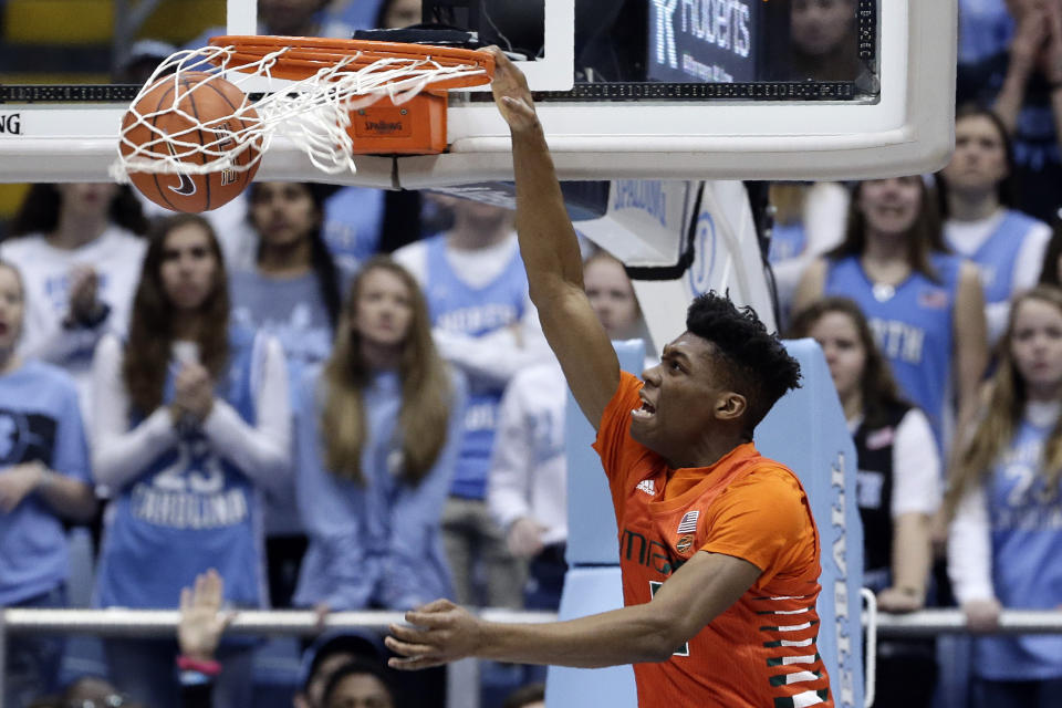 Miami forward Anthony Walker dunks against North Carolina during the first half of an NCAA college basketball game in Chapel Hill, N.C., Saturday, Jan. 25, 2020. (AP Photo/Gerry Broome)