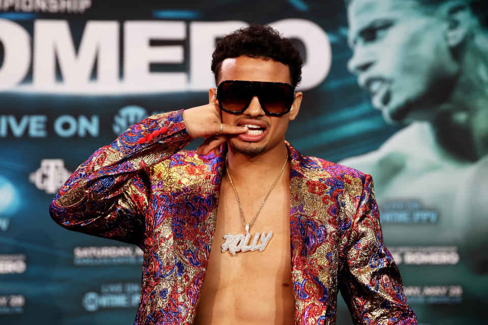 BROOKLYN, NEW YORK - APRIL 07: Rolando Romero answers questions during a press conference at Barclays Center on April 07, 2022 in Brooklyn, New York. (Photo by Mike Stobe/Getty Images)