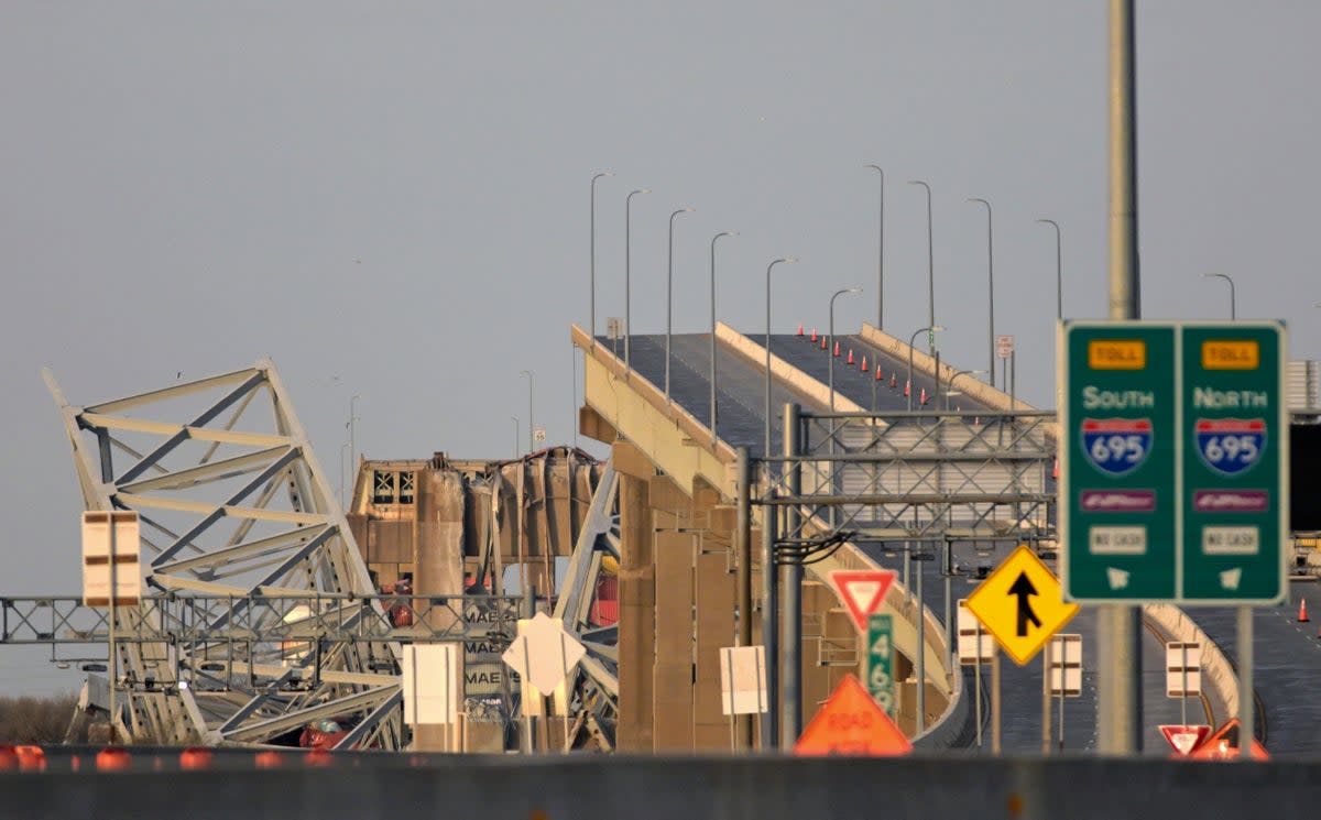 Parts of the Francis Scott Key Bridge remain after the collision (AP)