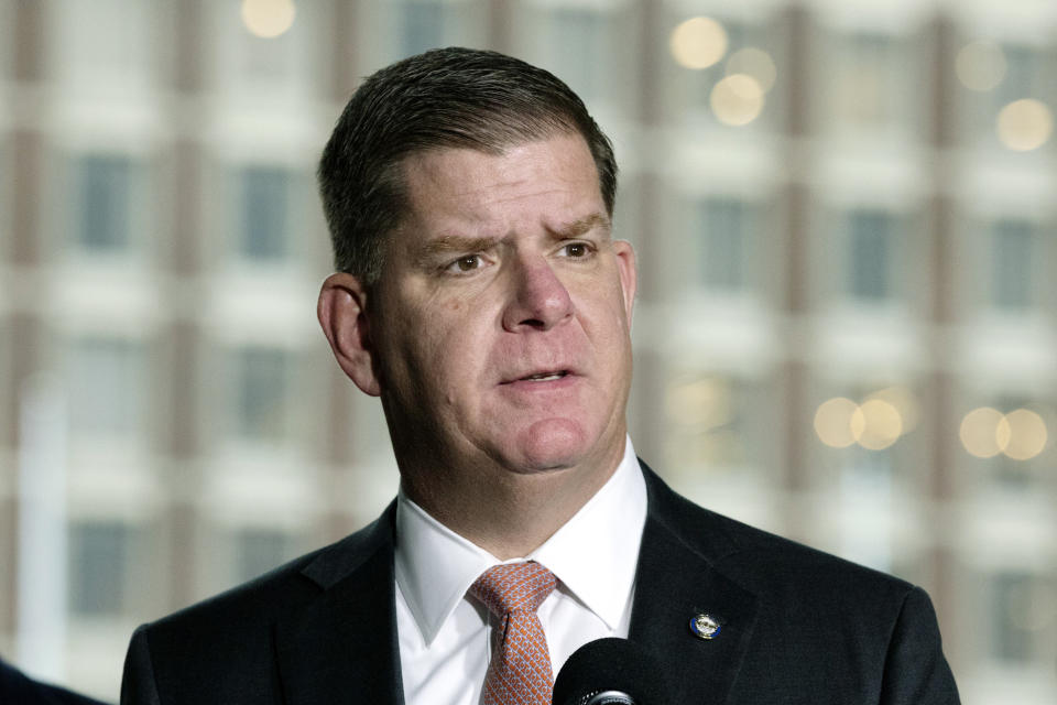 FILE - In this March 13, 2020 file photo, Boston Mayor Marty Walsh talks about the postponement of the Boston Marathon during a news conference, in Boston. President-elect Joe Biden has selected Boston Mayor Marty Walsh as his labor secretary, choosing a former union worker who shares his Irish American background and working-class roots. The 53-year-old Walsh has served as the Democratic mayor of Boston since 2014. (AP Photo/Michael Dwyer)