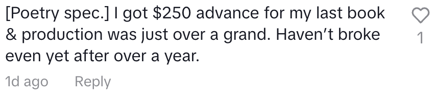 From poet: "I got $250 advance for my last book & production was just over a grand; haven't broke even yet after over a year"