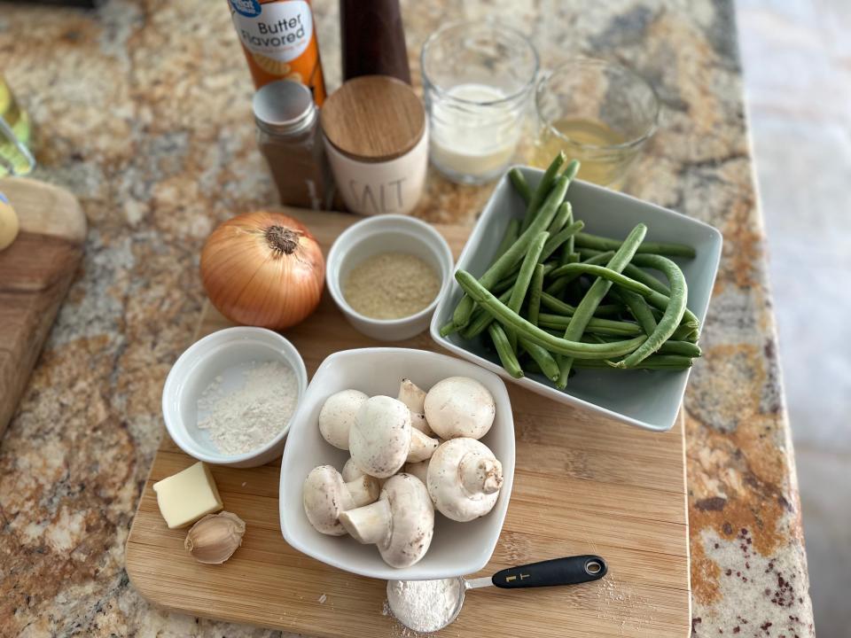 ingredients for alton brown's green bean casserole on a kitchen counter