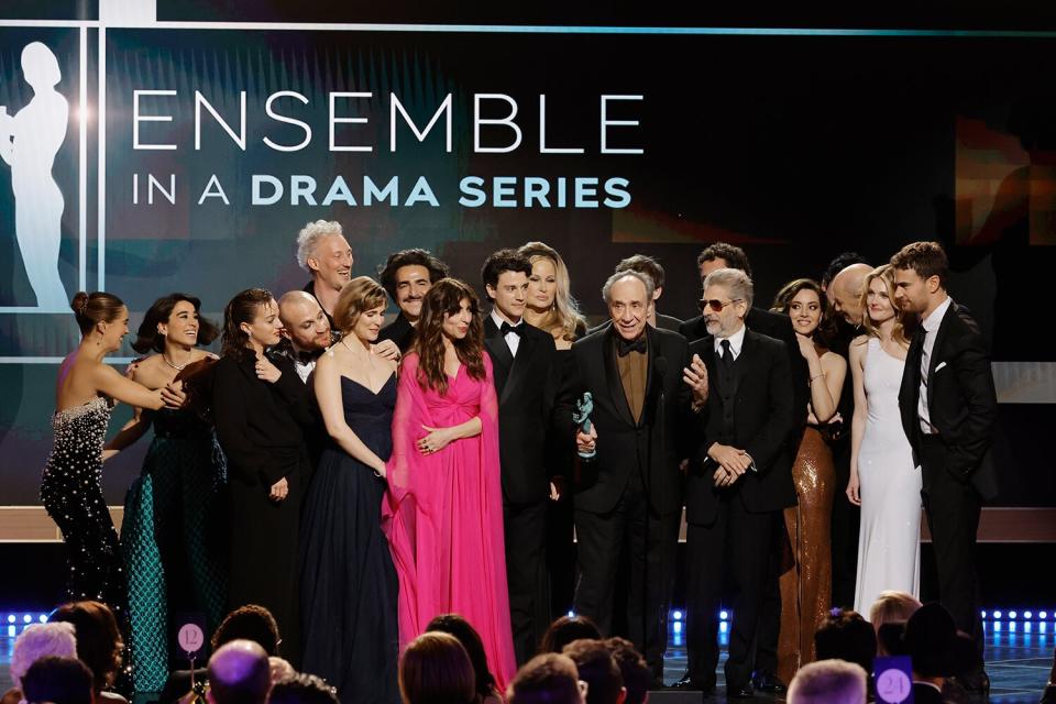 Cast members of "The White Lotus" accept the Outstanding Performance by an Ensemble in a Drama Series award onstage during the 29th Annual Screen Actors Guild Awards at Fairmont Century Plaza on February 26, 2023 in Los Angeles, California.